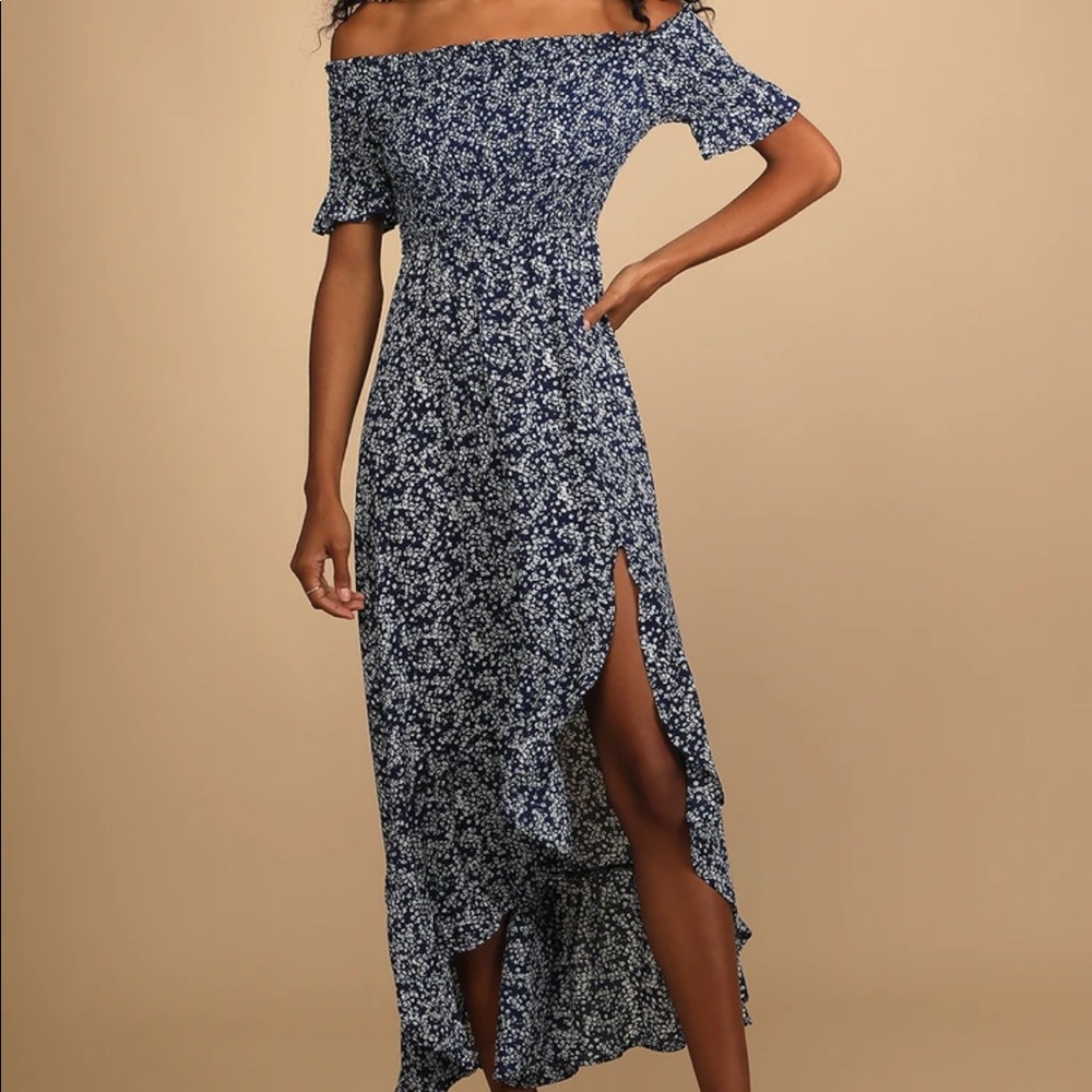 Like new, Lulu’s Navy Blue Floral Print Off-the-Shoulder Midi Dress